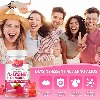 softbear L-Lysine Gummies for Adults & Kids, L Lysine 1000mg Chewable Lysine Supplement for Lips & Oral Health, Immune & Collagen Support, Vegan, Non GMO, Gluten-Free, Raspberry Flavor 120 Count