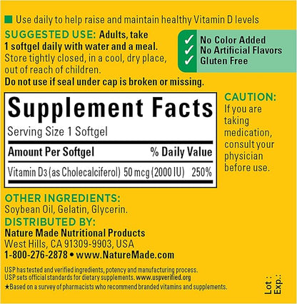 Nature Made Vitamin D3 2000 IU (50 mcg), Vitamin D Supplement for Bone, Teeth, Muscle and Immune Health Support, 90 Softgels, 90 Day Supply