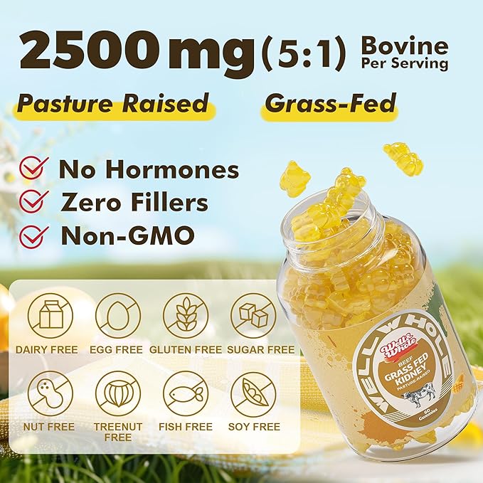 Well&Whole Grass Fed Beef Kidney Gummies, DAO Enzyme & Histamine Balance Support Supplement, DAO-Rich Food 5:1 Bovine Kidney Extract for Detox, Sugar-Free, 60 Gummies