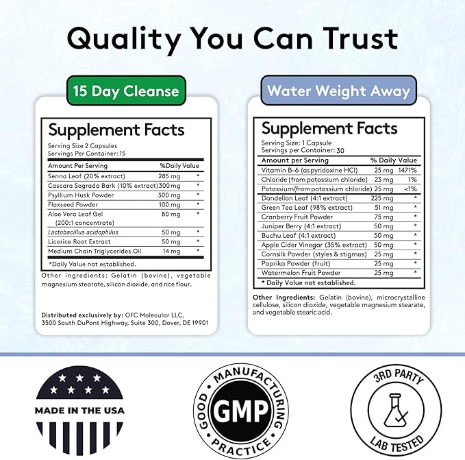 Youth & Tonic Water & Waste Reset – Water Weight Away & 15 Day Cleanse Pills for Digestive Cleanse, Fluid Retention, Colon Cleanser, Gut Detox & Bloating Support for Women & Men – 90 Capsules