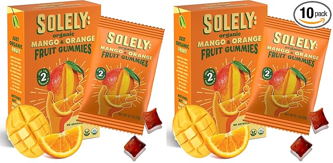 SOLELY - Organic Mango & Orange Whole Fruit Gummies (Pack of 2 Box, 5 Bags per Box) - Real Fresh Fruit - Healthy Snacks for Adults & Kids - Non GMO, Vegan Snacks, Shelf Stable - 5 Bags (3.5 oz)