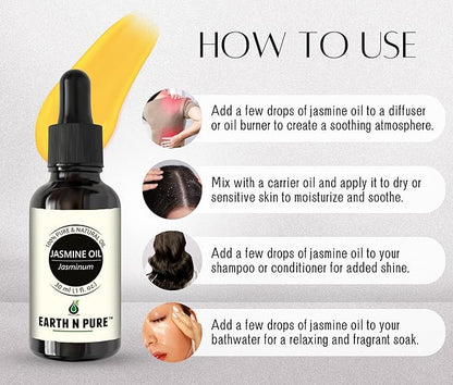 Earth N Pure Jasmine Essential Oil for Hair Growth, Skin Care, Pooja and Aromatherapy with Glass Dropper | 30 ML