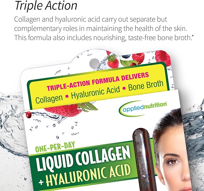 Applied Nutrition Liquid Collagen + Hyaluronic Acid - 10 Liquid Tubes - Skin & Nail Restoration - Mixed Berry Flavor - 10 Servings