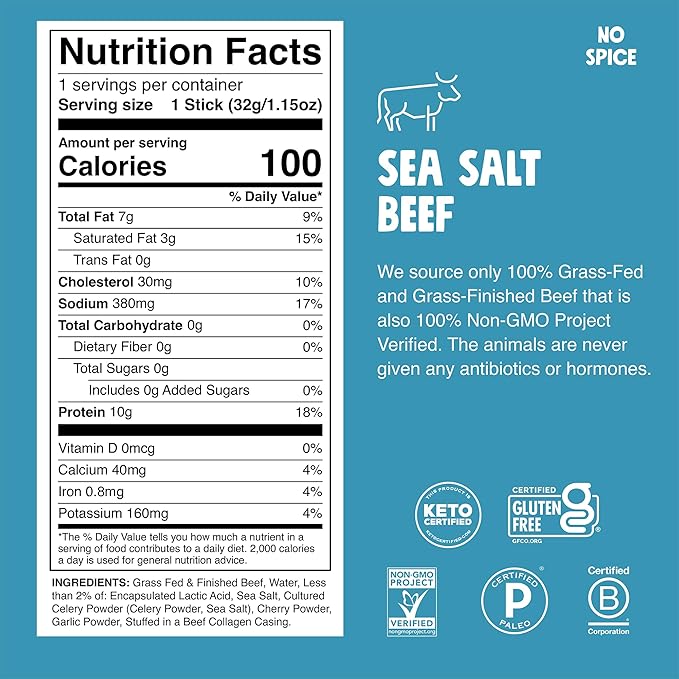 CHOMPS Grass Fed Sea Salt Beef Jerky Snack Sticks, Keto, Whole30, Paleo, Gluten Free, Sugar Free, Low Carb, AIP Diet Compliant, 1.15 Oz, Pack of 24