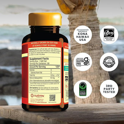 Nutrex Hawaii BioAstin Hawaiian Astaxanthin - 12mg, 90 Softgels - Farm-Direct Premium Antioxidant Supplement to Support Eye, Skin, Joint & Immune System Health - Non-GMO & Gluten-Free