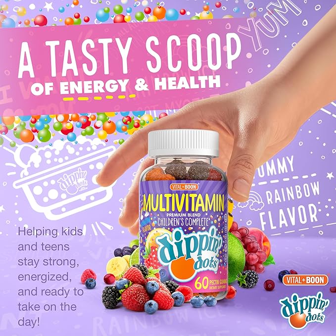 Dippin' Dots - Multivitamin Gummies for Kids Rainbow Fruit Flavor Complete Multivitamin Chewy Gummies Vitamin A, B, C, D3, E, B6, Zinc - 60 Count