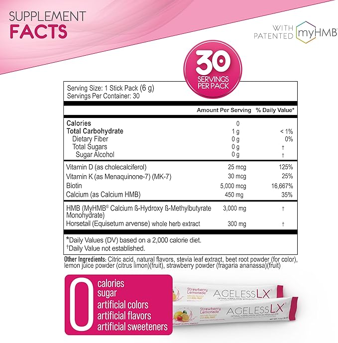 AgelessLX Powder Supplement for Women - with HMB Collagen Enhancer Plus Vitamin D3 with K2, Horsetail and Biotin for Lean Muscle and Stronger Hair and Nails - 30 Powder Packets Strawberry Lemonade