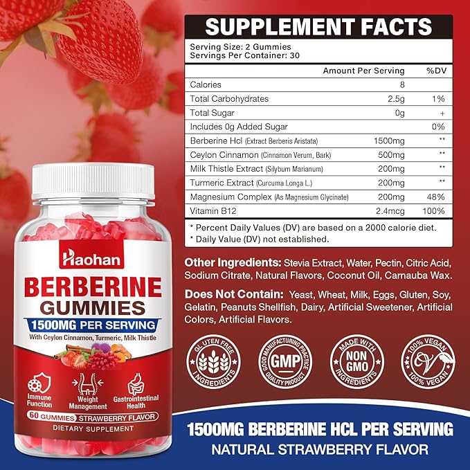 Haohan Berberine Gummies, 1500mg High Potency Berberine HCl, Ceylon Cinnamon, Milk Thistle, Immune System & Metabolism Support, Vegan, Strawberry Flavor, 60 Count