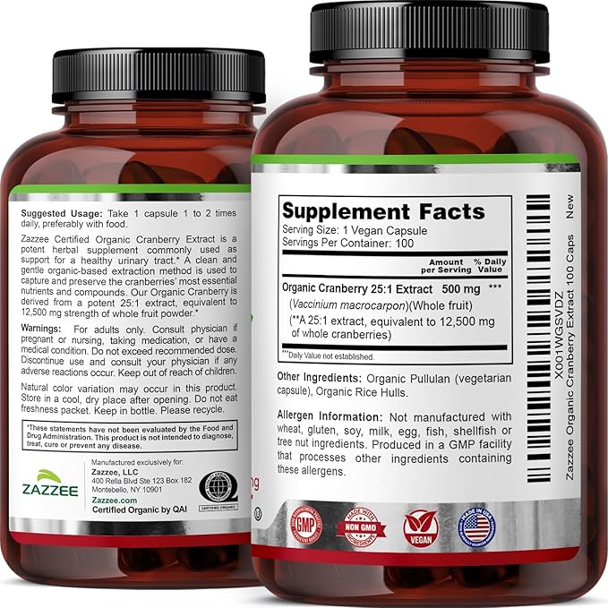 Zazzee USDA Organic Cranberry 25:1 Extract, 500 mg per Capsule, 100 Vegan Capsules, 3+ Month Supply, Certified Kosher, Vaccinium Macrocarpon, Urinary Tract & Bladder Support, Non-GMO, Made in the USA