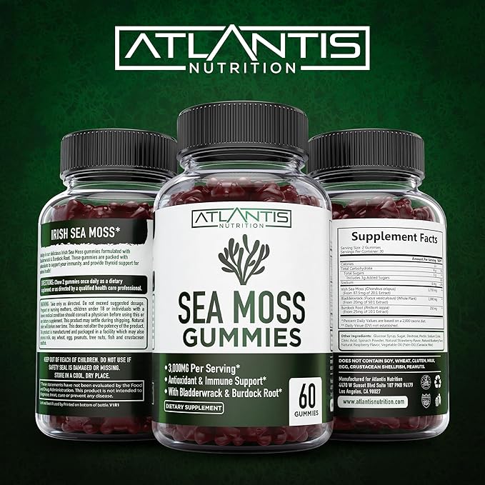 Irish Sea Moss Gummies - 3000MG - Formulated w/ Irish Sea Moss, Bladderwrack & Burdock Root, Contain Essential Vitamin & Mineral - Antioxidant-Rich Superfood Supplement, 60 Sea Moss Gummies for Adults