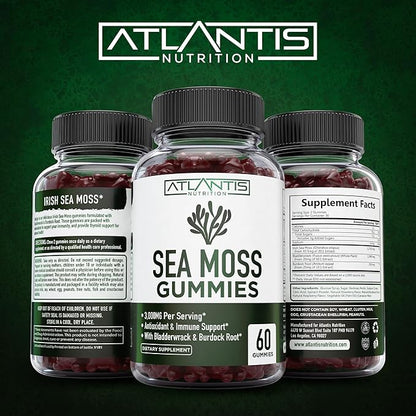 Irish Sea Moss Gummies - 3000MG - Formulated w/ Irish Sea Moss, Bladderwrack & Burdock Root, Contain Essential Vitamin & Mineral - Antioxidant-Rich Superfood Supplement, 60 Sea Moss Gummies for Adults