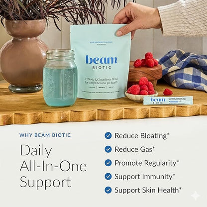 Beam Biotic Probiotics for Women – Gut Health & Digestive Health Powder with Pre, Pro & Postbiotics + Glutathione, Daily Probiotic Drink for Bloating Relief & Gut Balance, 15 Servings, Blue Raspberry