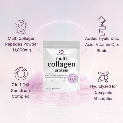 Multi Collagen Protein Powder,1Lb - Type I, II, III, V, X Collagen Peptides with Biotin 10000mcg, Vitamin C & Hyaluronic Acid - Unflavored - Keto & Paleo Friendly, Great for Hair, Skin, Nails & Joints