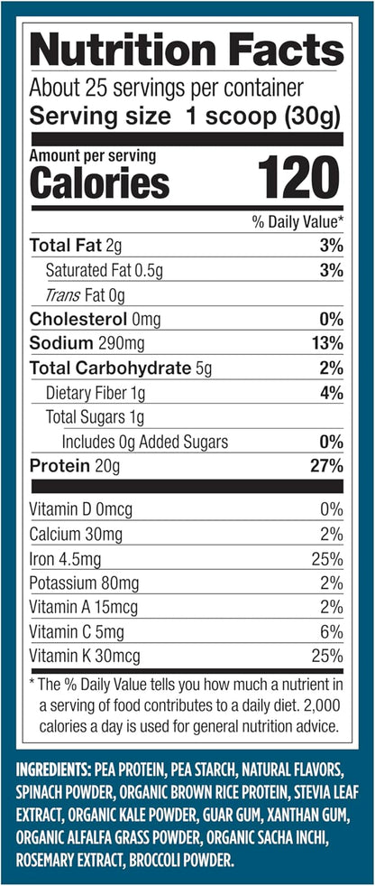 Vega Premium Protein + Supergreens - 20g Protein, Creamy Vanilla, 25 Servings, Spinach,Kale, Alfalfa Grass, Broccoli, 0g Added Sugar, Non-GMO, Gluten Free, Dairy Free, 1.68 lbs (Packaging May Vary)