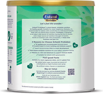 Enfamil Prosobee Plant based Baby Formula, for Sensitive Tummies, Soy-based Plant Sourced Protein, Vitamins for Immune Support, Lactose-free, Milk free, Gluten free, 20.9 Oz Can, 4 Count