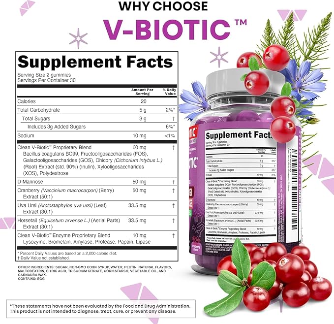Vaginal Probiotic Gummies For Women | Prebiotics Cranberry D-Mannose Uva-Ursi Digestive Enzymes | Vaginal Health Supplement pH Balance to Promote Healthy Vaginal Odor & Flora Cranberries Gummy Vitamin