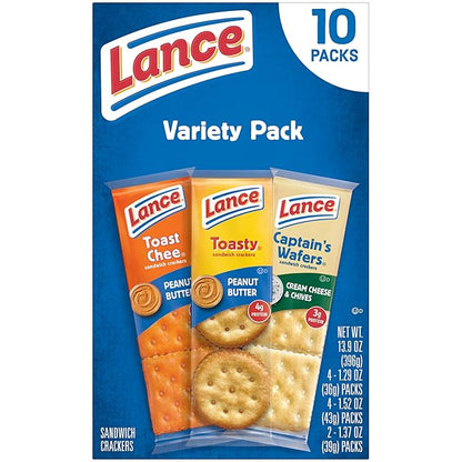 Lance Sandwich Crackers, Variety Pack, 3 Flavors, 10 Individually Wrapped Packs, 6 Sandwiches Each
