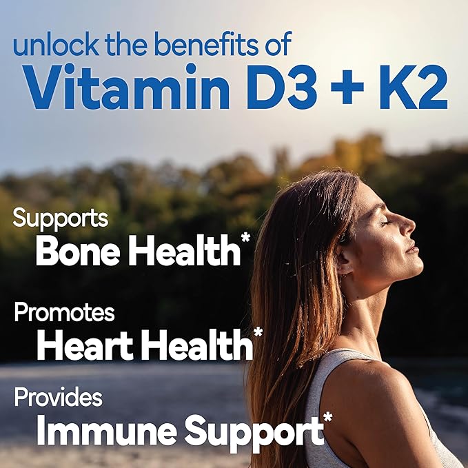 Sunshine Vitamin D3 with Vitamin K2, D3 2000 IU with K2 100 mcg for Healthy Muscle Function, Bone Health and Immune Support, Vitamin D3 K2, 60 Tablets