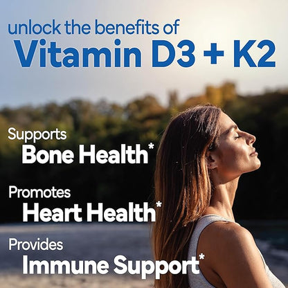 Sunshine Vitamin D3 with Vitamin K2, D3 2000 IU with K2 100 mcg for Healthy Muscle Function, Bone Health and Immune Support, Vitamin D3 K2, 60 Tablets