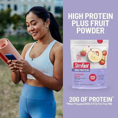 SlimFast High Protein Smoothie Mix Plus Fruit Powder, High Protein Meal Replacement Powder, Fiber, Vitamin C, 21 Servings, 1.29 Pounds, Strawberry Banana (Packaging May Vary)