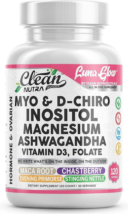 Myo Inositol D Chiro Inositol Supplement for Women - Hormone Balance with Magnesium Ashwagandha Vitamin D3 Folate Maca Root Chasteberry Evening Primrose | Ovarian Support Capsules 120 Count