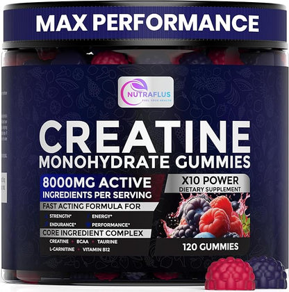 Creatine Monohydrate Gummies – Berry Flavored Creatine Supplements for Women and Men – 120Pcs Pre Workout Gummies with BCAA, Taurine, Vitamin B12 - Promote Energy Boost, Performance