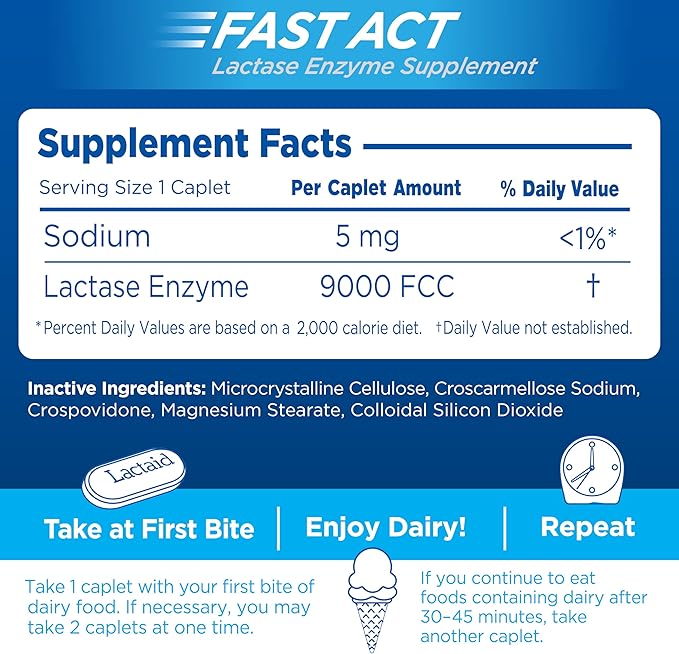 Lactaid Fast Act Lactose Intolerance Relief Caplets, Lactase Enzyme to Prevent Gas, Bloating and Diarrhea Due to Lactose Sensitivity, Single-Serve Supplements for Travel and On-The-Go, 60 Count