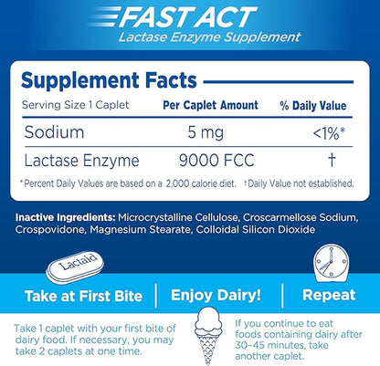 Lactaid Fast Act Lactose Intolerance Relief Caplets, Lactase Enzyme to Prevent Gas, Bloating and Diarrhea Due to Lactose Sensitivity, Single-Serve Supplements for Travel and On-The-Go, 60 Count