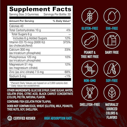 Calcium Magnesium Zinc Gummies with Vitamin D3 – Calcium Magnesium Zinc D3 Supplement Gummies Supports Bone Strength & Immune Support – Tasty Kosher Gummy Vitamins – 90 Count
