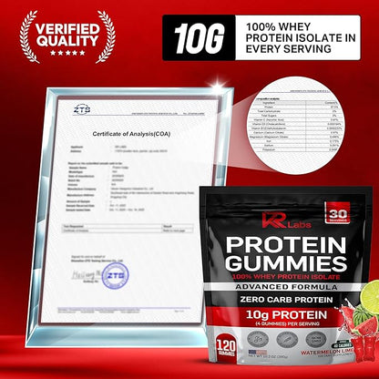 Zero Carb 100% Pure Whey Isolate Protein Gummies | 300g Total Protein per Bag | 10g per Serving Plant Based with Vitamins for Men & Women | Gluten Free Non-GMO | Watermelon Lime | 120 Count