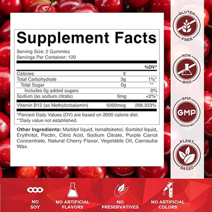 Vitamatic Extra Strength Vitamin B12 5000 mcg (Methyl B12) Gummies - 240 Count, Natural Cherry Flavored