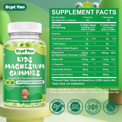 Kids Magnesium Gummies, Magnesium Glycinate Gummies for Kids & Adults with Citrate, L-Theanine, Chamomile, Vitamin B6 for Sleep, Relaxation, Brain & Muscle, Sugar Free Apple & Kiwi Flavor 60ct