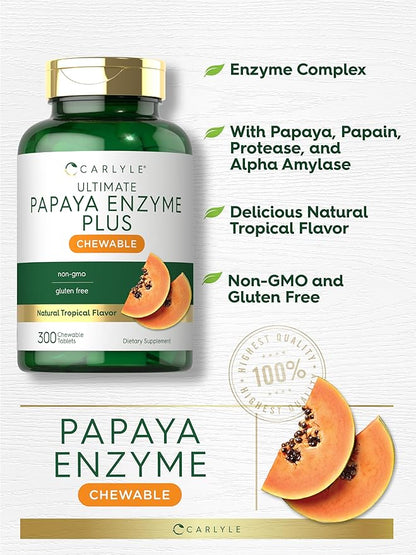 Carlyle Papaya Enzyme Chewable Tablets | Vegetarian, Non-GMO, Gluten Free Formula | Tropical Flavor