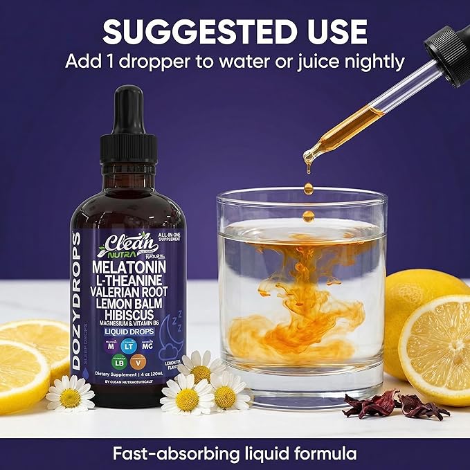 Clean Nutra Melatonin 10mg Drops Magnesium Vitamin B6 L-Theanine Valerian Hibiscus Lemon Balm Supplement Liquid Sugar-Free Vegan Non-GMO Natural Sleep Support Aid Lemon Tea Flavor 120mL Formula