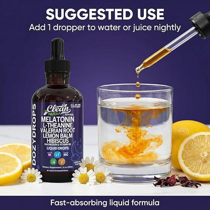 Clean Nutra Melatonin 10mg Drops Magnesium Vitamin B6 L-Theanine Valerian Hibiscus Lemon Balm Supplement Liquid Sugar-Free Vegan Non-GMO Natural Sleep Support Aid Lemon Tea Flavor 120mL Formula