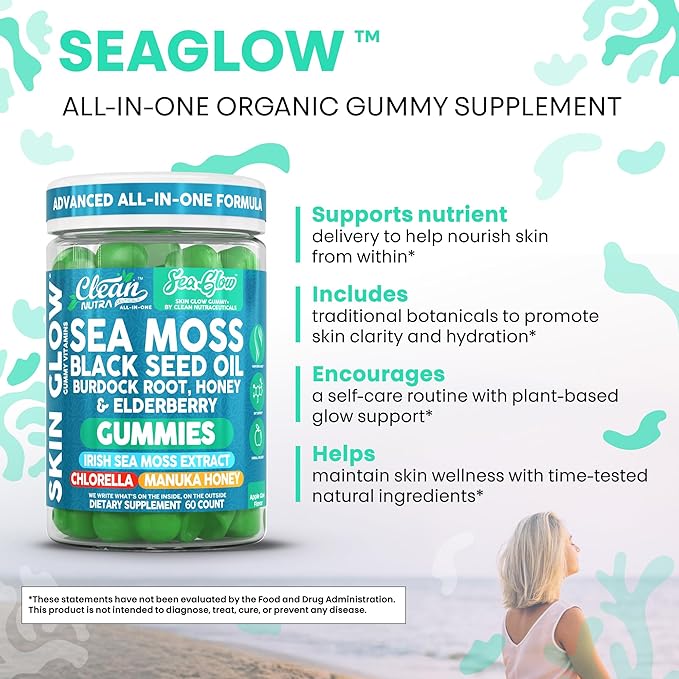 Clean Nutra Sea Moss Gummies Black Seed Oil Chlorella Ashwagandha Root Hair Growth Skin Glow Irish Sea Moss Elderberry Burdock Manuka Honey Trace Minerals Detox 60 Gummy Vitamins Sea Glow Supplement