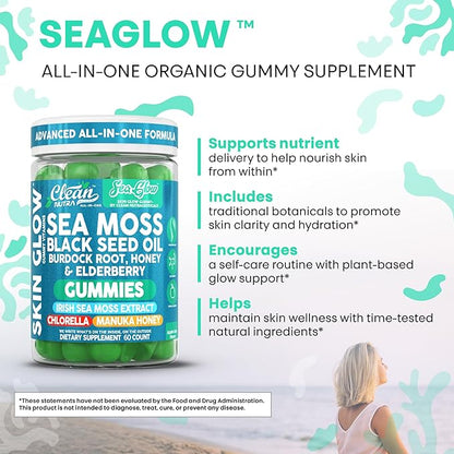 Clean Nutra Sea Moss Gummies Black Seed Oil Chlorella Ashwagandha Root Hair Growth Skin Glow Irish Sea Moss Elderberry Burdock Manuka Honey Trace Minerals Detox 60 Gummy Vitamins Sea Glow Supplement