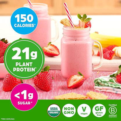 Orgain Organic Vegan Protein Powder, Strawberries & Cream - 21g Plant Based Protein, 4g Prebiotic Fiber, Low Net Carb, No Lactose Ingredients, No Added Sugar, Non-GMO, For Shakes & Smoothies, 2.03 lb