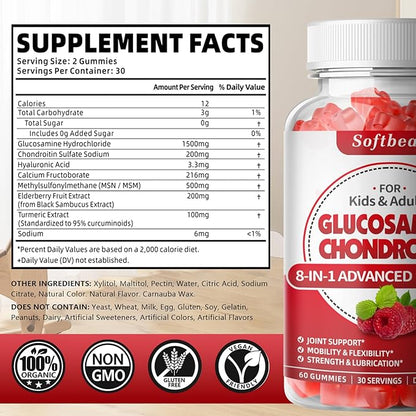 softbear Glucosamine Chondroitin Gummies, Sugar Free Glucosamine Chondroitin MSM Supplement with Elderberry Turmeric Supports Joint Health & Antioxidant, Raspberry Flavored 60 Count