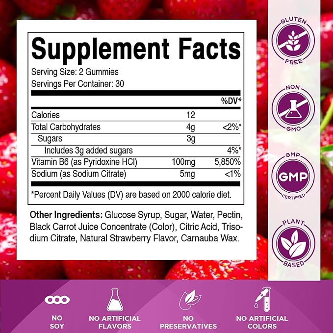 Vitamatic Vitamin B6 100mg - Berry Flavor - 60 Pectin Based Gummies - Supports Nervous System