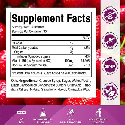 Vitamatic Vitamin B6 100mg - Berry Flavor - 60 Pectin Based Gummies - Supports Nervous System