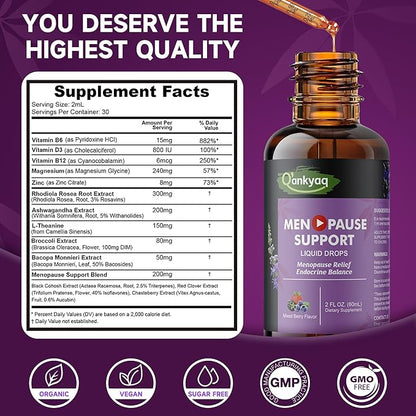 Q'ankyaq Menopause Support Liquid Drops with Ashwagandha, Red Clover, Black Cohosh, Chasteberry - Hot Flashes, Hormone Balance, Mood & Energy, Metabolism, 2 Fl Oz