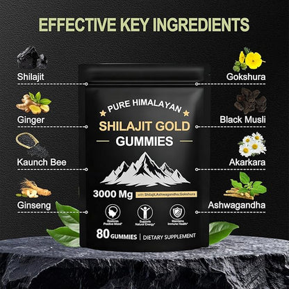 Shilajit Gummies for Men & Women, Rich in Ashwagandha Gaulshura Fulvic Acid 85 Micronutrients, No Added Sugar Non-GMO 100% Natural Organic, Energy Support & Overall Health, 80 Gummies