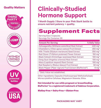Pink Stork Menopause Support for Women - Hot Flash, Mood, Sleep, Weight, Cortisol & Hormonal Balance - Vegan, Estrogen-Free Perimenopause Relief - Ashwagandha, Maca - 60 Capsules