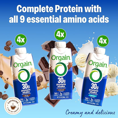 Orgain 30g High Protein Shake Variety Pack, Dairy Isolate Milk Protein, 5g BCAAs, 1g Sugar Per Serving, Caffeine, Meal Replacement, Ready to Drink, Chocolate, Vanilla, Café Latte, 11 Fl Oz (12 Pack)