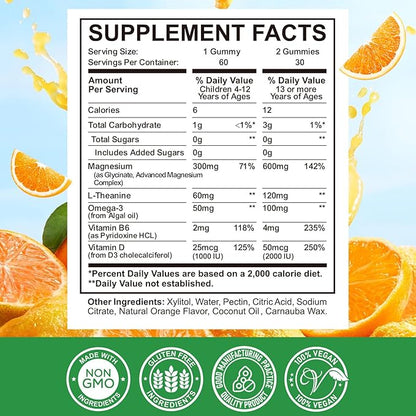 Magnesium Complex Gummies for Kids & Adults- Magnesium Glycinate Supplement- Support Calm Stress Relief, Bones, Mood Vegan- Sugar-Free Orange Flavor, 60 Gummies