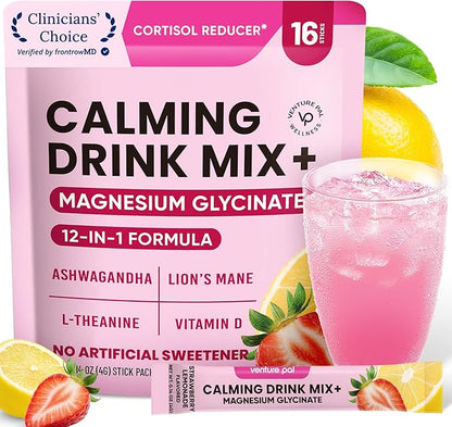 Venture Pal Calm Drink Mix, Cortisol Reducer and Sleep Aid with Magnesium Glycinate, Ashwagandha, L-Theanine,Vitamin D, Calm Magnesium Powder for Relax & Focus, No Sugar, Non GMO, Vegan & Gluten-Free