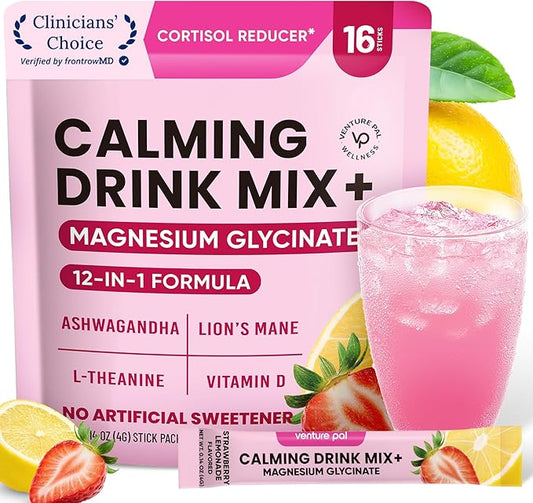 Venture Pal Calm Drink Mix, Cortisol Reducer and Sleep Aid with Magnesium Glycinate, Ashwagandha, L-Theanine,Vitamin D, Calm Magnesium Powder for Relax & Focus, No Sugar, Non GMO, Vegan & Gluten-Free
