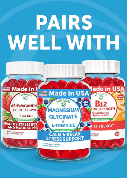Lunakai USA Made Calm & Stress Relief Gummies – Delicious GABA + L-Theanine Calming Supplement for Adults & Kids – Natural Stress Support - 6 Pack