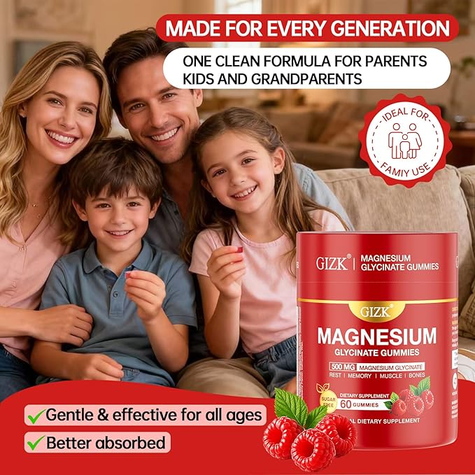 Magnesium Glycinate Gummies 500mg – Sugar Free Magnesium Gummies for Sleep, Stress, Muscle & Nerve Support – for Adults & Kids 4+, Vegan, No Melatonin (Raspberry Flavor, 60 Count)